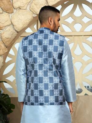 Silk blend geometric printed blue nehru jacket 3