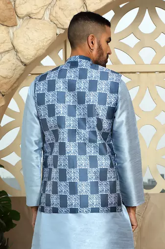 Silk blend geometric printed blue nehru jacket