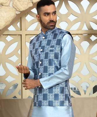 Silk blend geometric printed blue nehru jacket 4