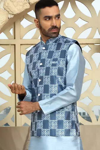 Silk blend geometric printed blue nehru jacket