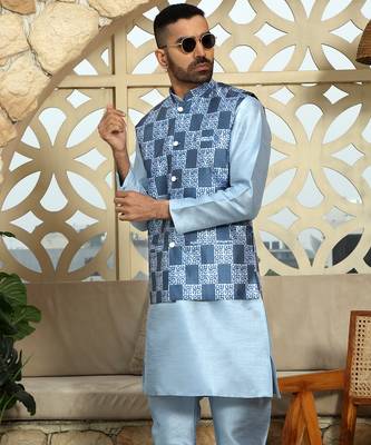 Silk blend geometric printed blue nehru jacket 5