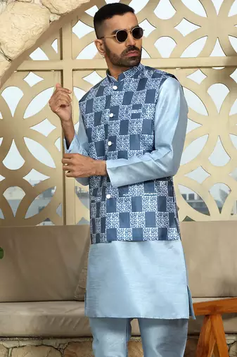 Silk blend geometric printed blue nehru jacket