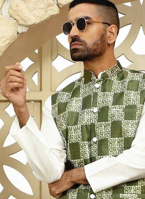 Silk blend geometric printed olive green nehru jacket 1