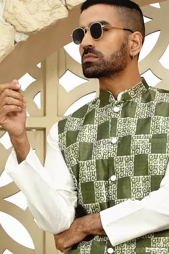 Silk blend geometric printed olive green nehru jacket