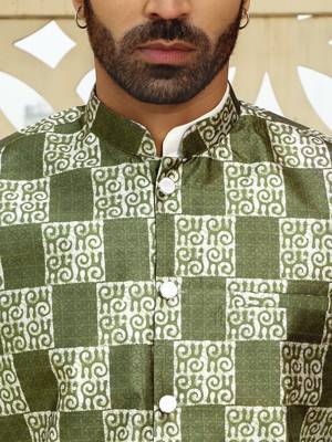 Silk blend geometric printed olive green nehru jacket 2