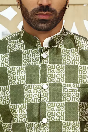 Silk blend geometric printed olive green nehru jacket