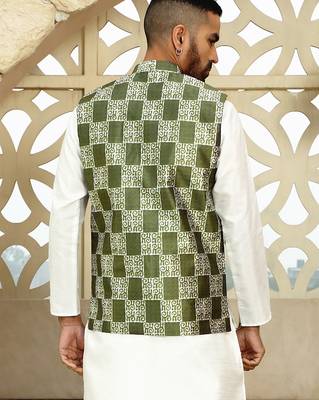 Silk blend geometric printed olive green nehru jacket 3