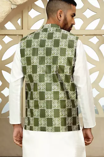 Silk blend geometric printed olive green nehru jacket
