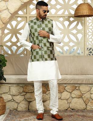 Silk blend geometric printed olive green nehru jacket 4