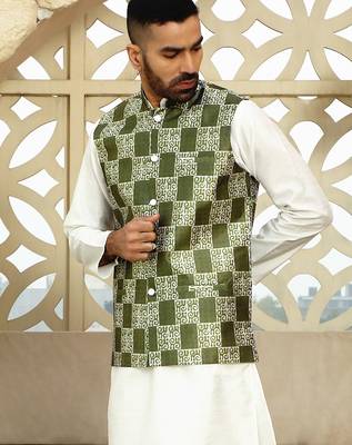 Silk blend geometric printed olive green nehru jacket 5