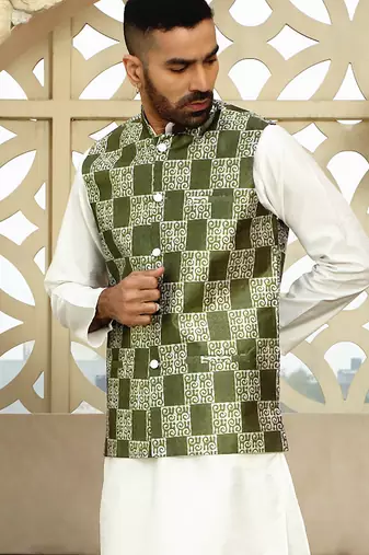 Silk blend geometric printed olive green nehru jacket