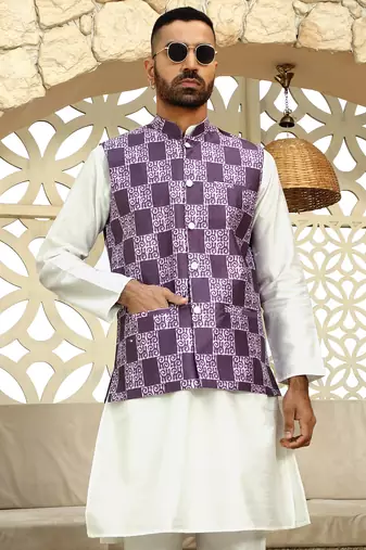 Silk blend geometric printed purple nehru jacket
