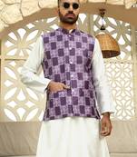 Silk blend geometric printed purple nehru jacket