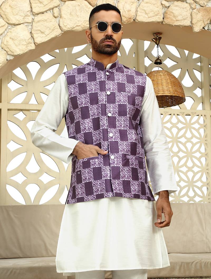 Silk blend geometric printed purple nehru jacket