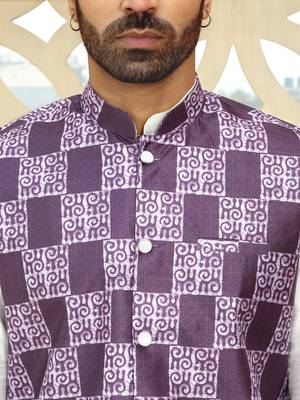 Silk blend geometric printed purple nehru jacket 2
