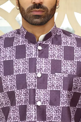 Silk blend geometric printed purple nehru jacket