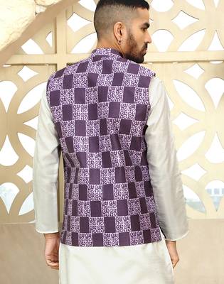 Silk blend geometric printed purple nehru jacket 3