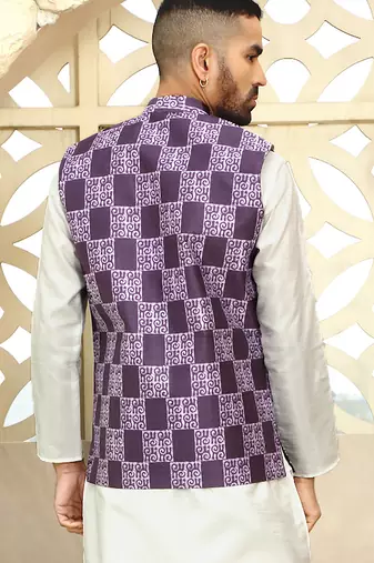 Silk blend geometric printed purple nehru jacket