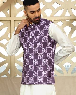 Silk blend geometric printed purple nehru jacket 5