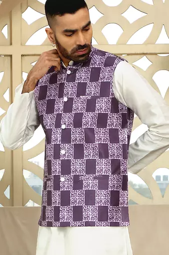 Silk blend geometric printed purple nehru jacket
