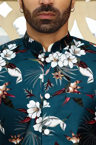 Silk blend floral printed blue nehru jacket