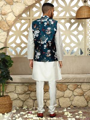 Silk blend floral printed blue nehru jacket 3