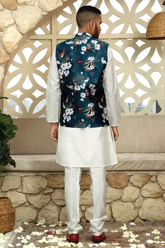 Silk blend floral printed blue nehru jacket
