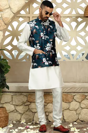 Silk blend floral printed blue nehru jacket