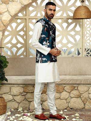 Silk blend floral printed blue nehru jacket 5