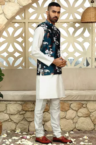 Silk blend floral printed blue nehru jacket