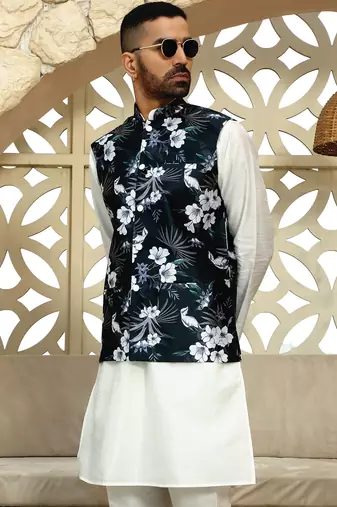 Silk blend floral printed green nehru jacket