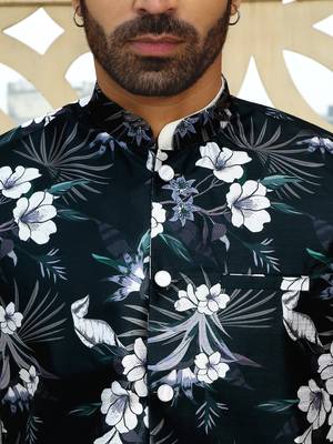 Silk blend floral printed green nehru jacket 2