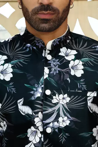 Silk blend floral printed green nehru jacket