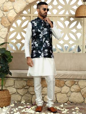 Silk blend floral printed green nehru jacket 4