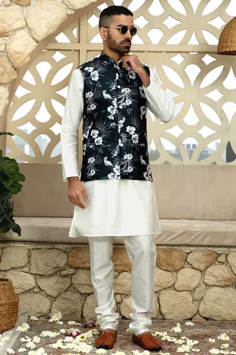 Silk blend floral printed green nehru jacket