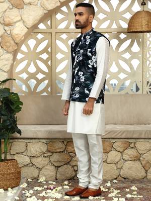Silk blend floral printed green nehru jacket 5