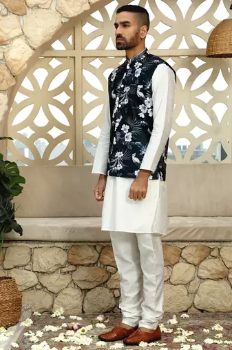 Silk blend floral printed green nehru jacket