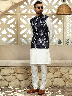 Silk blend floral printed Black nehru jacket 4