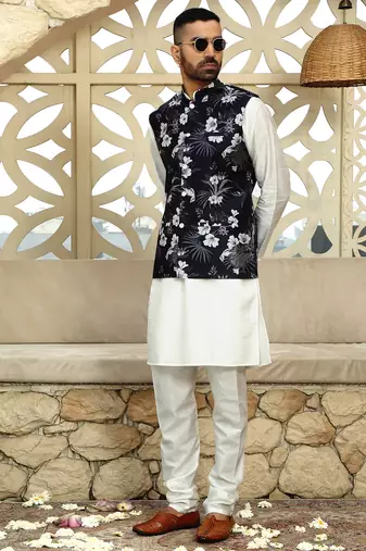Silk blend floral printed Black nehru jacket