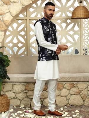Silk blend floral printed Black nehru jacket 5