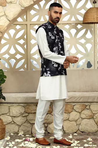 Silk blend floral printed Black nehru jacket