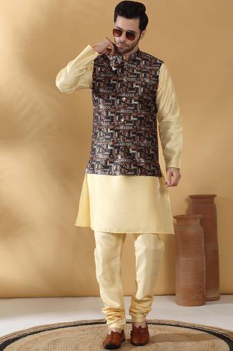 Silk blend abstract printed black nehru jacket