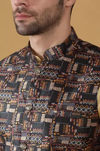 Silk blend abstract printed black nehru jacket