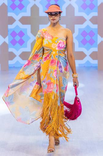 Yellow printed crepe dress
