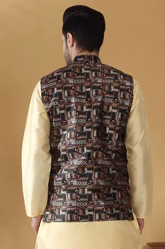 Silk blend abstract printed black nehru jacket