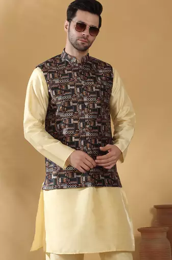 Silk blend abstract printed black nehru jacket
