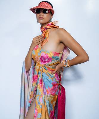 Yellow printed crepe dress 2