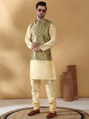 Silk blend abstract printed green nehru jacket 1