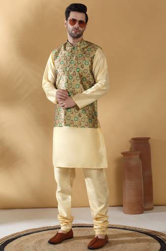 Silk blend abstract printed green nehru jacket