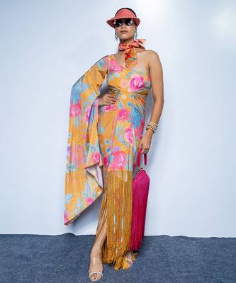 Yellow printed crepe dress 4